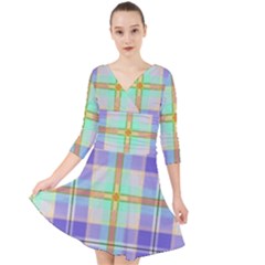 Blue And Yellow Plaid Quarter Sleeve Front Wrap Dress	