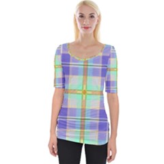 Blue And Yellow Plaid Wide Neckline Tee