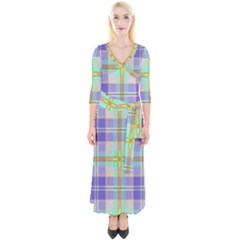 Blue And Yellow Plaid Quarter Sleeve Wrap Maxi Dress