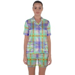 Blue And Yellow Plaid Satin Short Sleeve Pyjamas Set