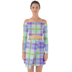 Blue And Yellow Plaid Off Shoulder Top With Skirt Set