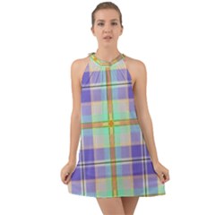 Blue And Yellow Plaid Halter Tie Back Chiffon Dress by allthingseveryone