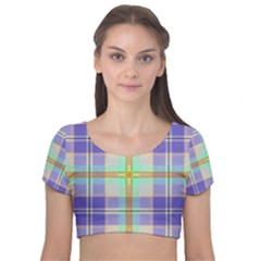 Blue And Yellow Plaid Velvet Short Sleeve Crop Top 