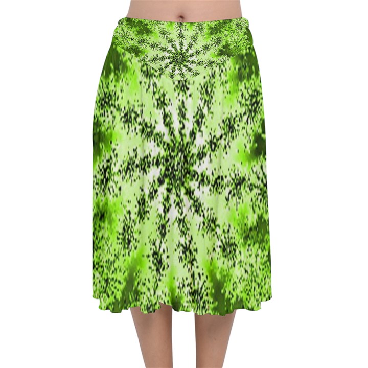 Lime Green Starburst Fractal Velvet Flared Midi Skirt