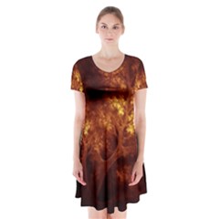 Artsy Brown Trees Short Sleeve V-neck Flare Dress