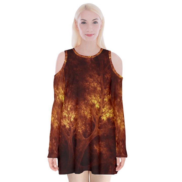 Artsy Brown Trees Velvet Long Sleeve Shoulder Cutout Dress