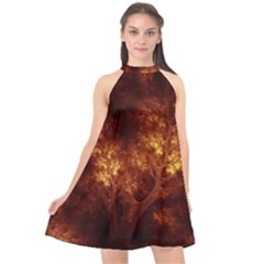 Artsy Brown Trees Halter Neckline Chiffon Dress 