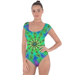 Green Psychedelic Starburst Fractal Short Sleeve Leotard  by allthingseveryone