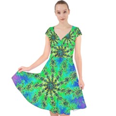 Green Psychedelic Starburst Fractal Cap Sleeve Front Wrap Midi Dress