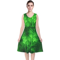 Artsy Bright Green Trees V-neck Midi Sleeveless Dress 