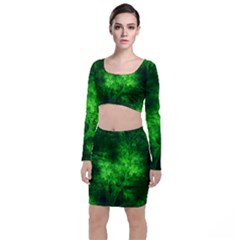 Artsy Bright Green Trees Long Sleeve Crop Top & Bodycon Skirt Set