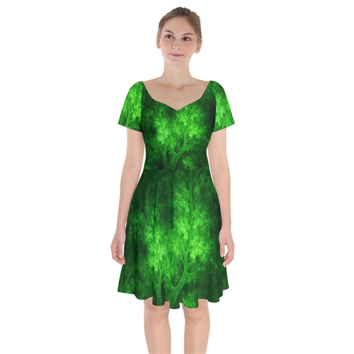 Artsy Bright Green Trees Short Sleeve Bardot Dress