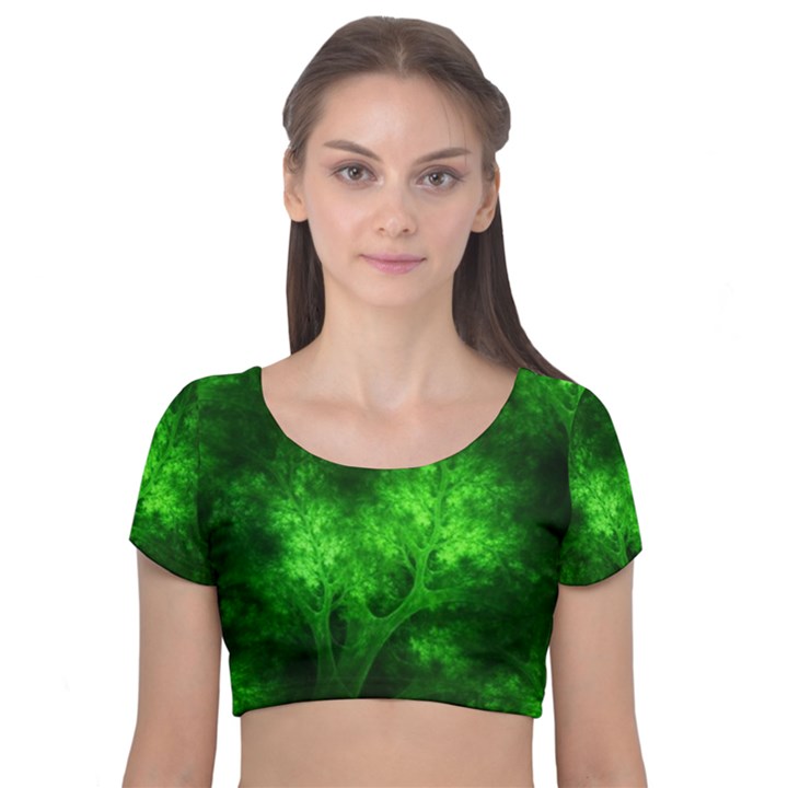 Artsy Bright Green Trees Velvet Short Sleeve Crop Top 