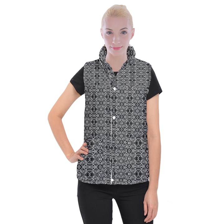 Black And White Ethnic Pattern Women s Button Up Puffer Vest