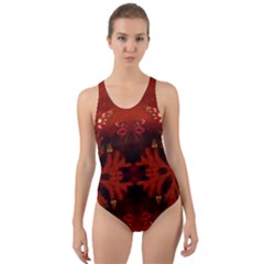 Red Abstract Cut-out Back One Piece Swimsuit by Celenk