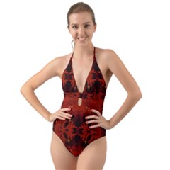 Red Abstract Halter Cut-out One Piece Swimsuit by Celenk