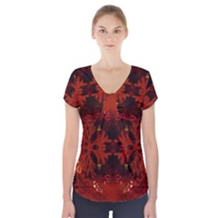 Red Abstract Short Sleeve Front Detail Top by Celenk