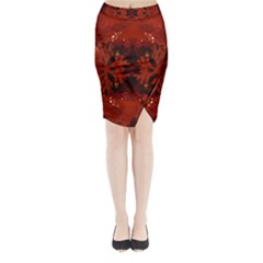 Red Abstract Midi Wrap Pencil Skirt by Celenk