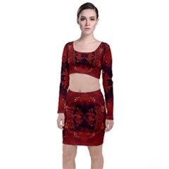 Red Abstract Long Sleeve Crop Top & Bodycon Skirt Set