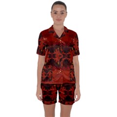 Red Abstract Satin Short Sleeve Pyjamas Set