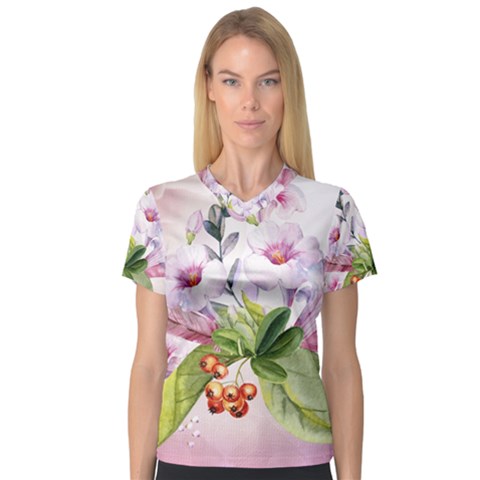 Wonderful Flowers, Soft Colors, Watercolor V-neck Sport Mesh Tee by FantasyWorld7