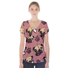 Happy Pugs Short Sleeve Front Detail Top