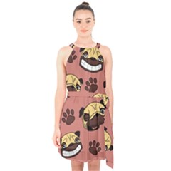 Happy Pugs Halter Collar Waist Tie Chiffon Dress