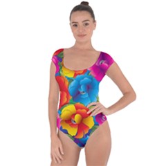 Neon Colored Floral Pattern Short Sleeve Leotard  by Bigfootshirtshop