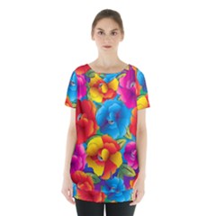 Neon Colored Floral Pattern Skirt Hem Sports Top