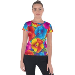 Neon Colored Floral Pattern Short Sleeve Sports Top 