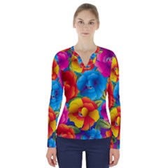 Neon Colored Floral Pattern V-neck Long Sleeve Top