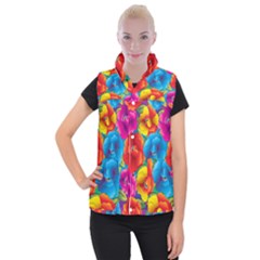 Neon Colored Floral Pattern Women s Button Up Puffer Vest by Bigfootshirtshop