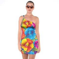 Neon Colored Floral Pattern One Soulder Bodycon Dress by Bigfootshirtshop