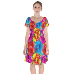 Neon Colored Floral Pattern Short Sleeve Bardot Dress by Bigfootshirtshop