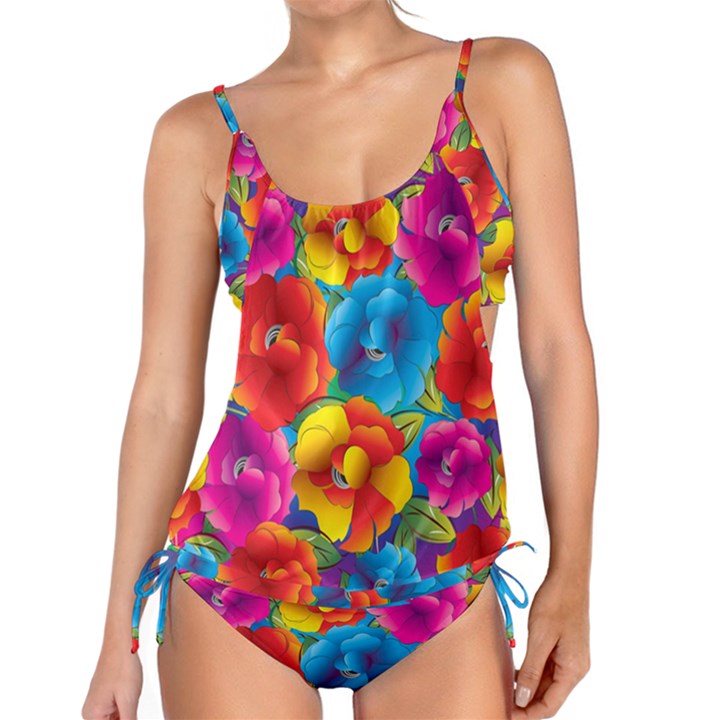 Neon Colored Floral Pattern Tankini Set