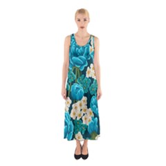 Light Blue Roses And Daisys Sleeveless Maxi Dress