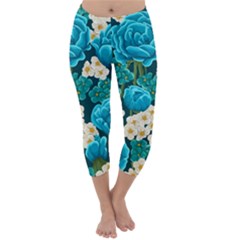 Light Blue Roses And Daisys Capri Winter Leggings  by Bigfootshirtshop