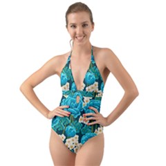 Light Blue Roses And Daisys Halter Cut-out One Piece Swimsuit