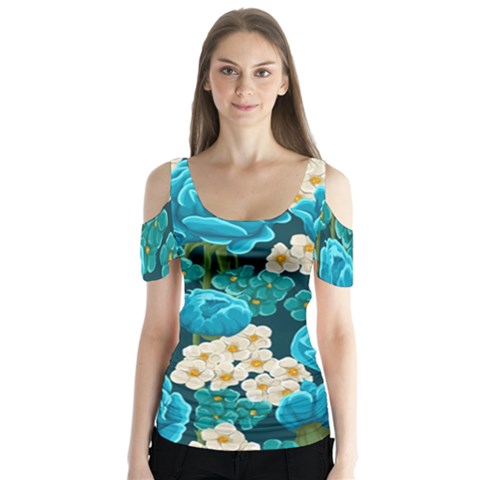 Light Blue Roses And Daisys Butterfly Sleeve Cutout Tee  by Bigfootshirtshop