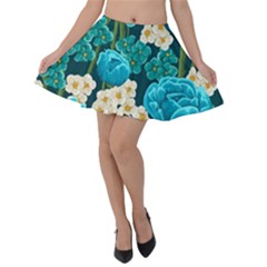 Light Blue Roses And Daisys Velvet Skater Skirt