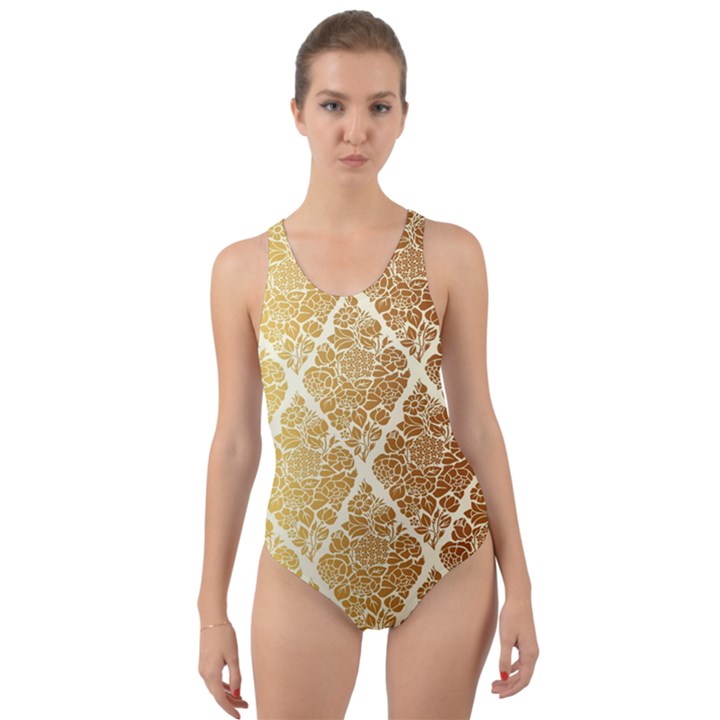 Vintage,gold,damask,floral,pattern,elegant,chic,beautiful,victorian,modern,trendy Cut-Out Back One Piece Swimsuit