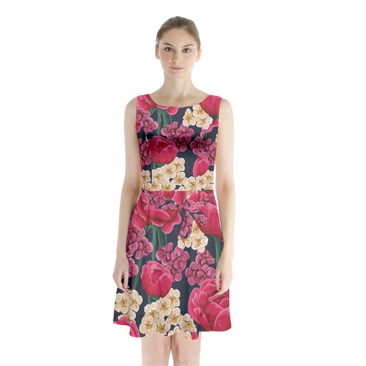 Pink Roses And Daisies Sleeveless Waist Tie Chiffon Dress