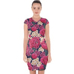 Pink Roses And Daisies Capsleeve Drawstring Dress 