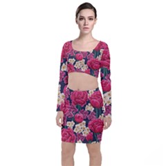 Pink Roses And Daisies Long Sleeve Crop Top & Bodycon Skirt Set