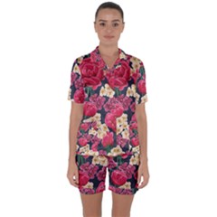 Pink Roses And Daisies Satin Short Sleeve Pyjamas Set