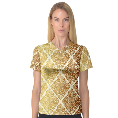 Vintage,gold,damask,floral,pattern,elegant,chic,beautiful,victorian,modern,trendy V-neck Sport Mesh Tee by NouveauDesign