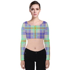 Blue And Yellow Plaid Velvet Long Sleeve Crop Top