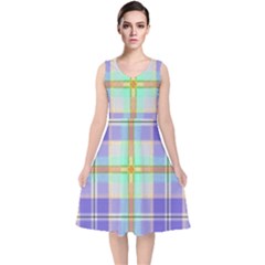 Blue And Yellow Plaid V-neck Midi Sleeveless Dress  by Bigfootshirtshop