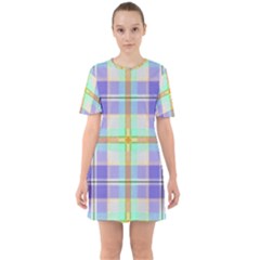 Blue And Yellow Plaid Sixties Short Sleeve Mini Dress