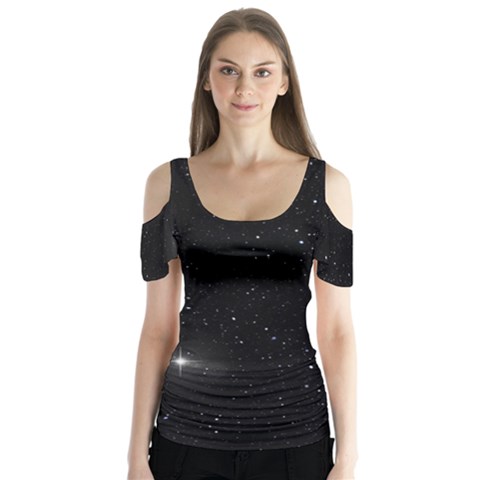 Starry Galaxy Night Black And White Stars Butterfly Sleeve Cutout Tee  by yoursparklingshop